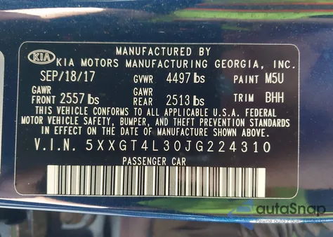 2018 Kia Optima Lx из США, поврежденный, VIN 5XXGT4L30JG224310